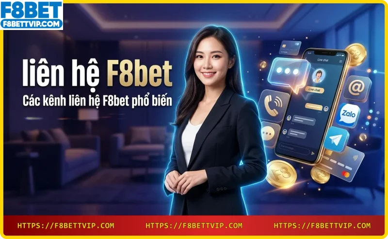 Ba kênh hỗ trợ F8bet phổ biến: chat, email, hotline – hiển thị dạng thẻ phát sáng trên nền tối