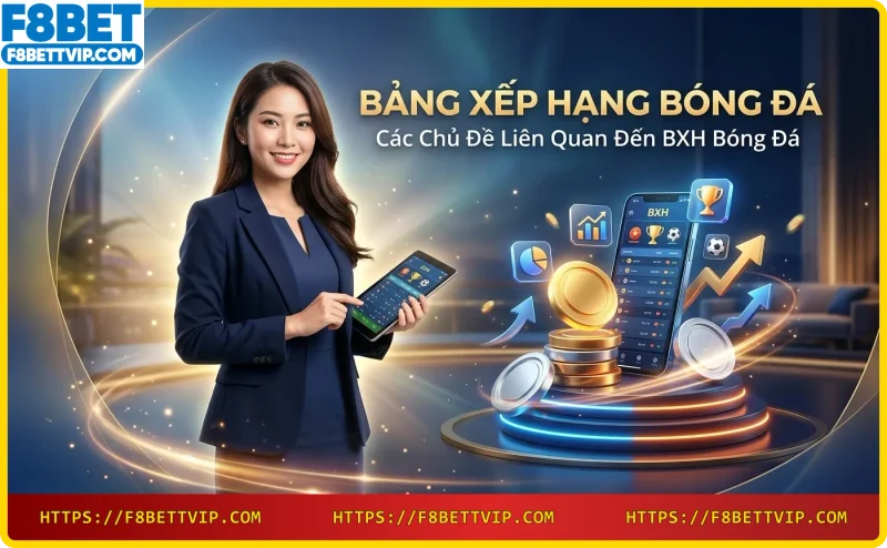 Ba tấm kính nổi với bóng đá, sách và biểu đồ, thể hiện các chủ đề liên quan đến BXH