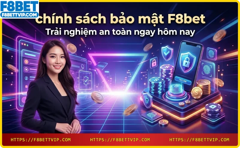 Điện thoại thông minh với biểu tượng ổ khóa phát sáng, tiền xu ảo xung quanh, nền neon tím vàng, khuyến khích đăng ký F8bet.