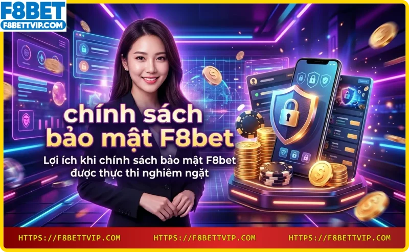 Khiên vàng có dấu kiểm phát sáng, biểu trưng cho lợi ích bảo mật của F8bet, nền neon xanh tím.