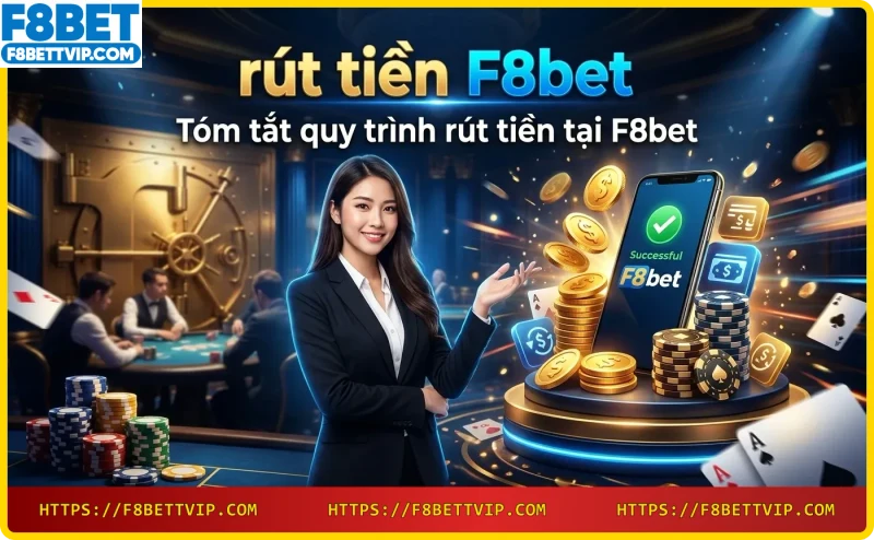 Quy trình rút tiền F8bet gồm 4 bước: đăng nhập, chọn rút tiền, điền thông tin, nhận tiền.