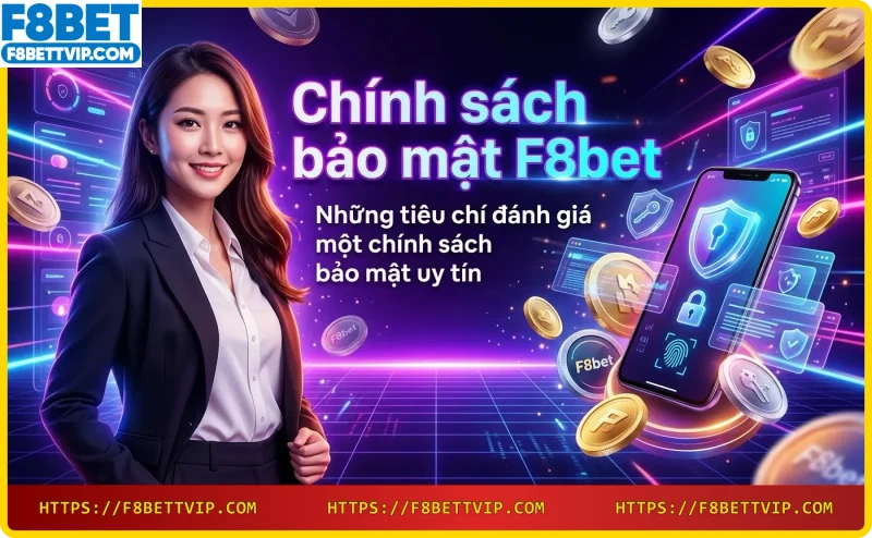 Tài liệu chính sách bảo mật với các tiêu chí đánh giá như minh bạch, tuân thủ pháp luật, mã hóa, quyền người dùng, nền neon xanh tím.